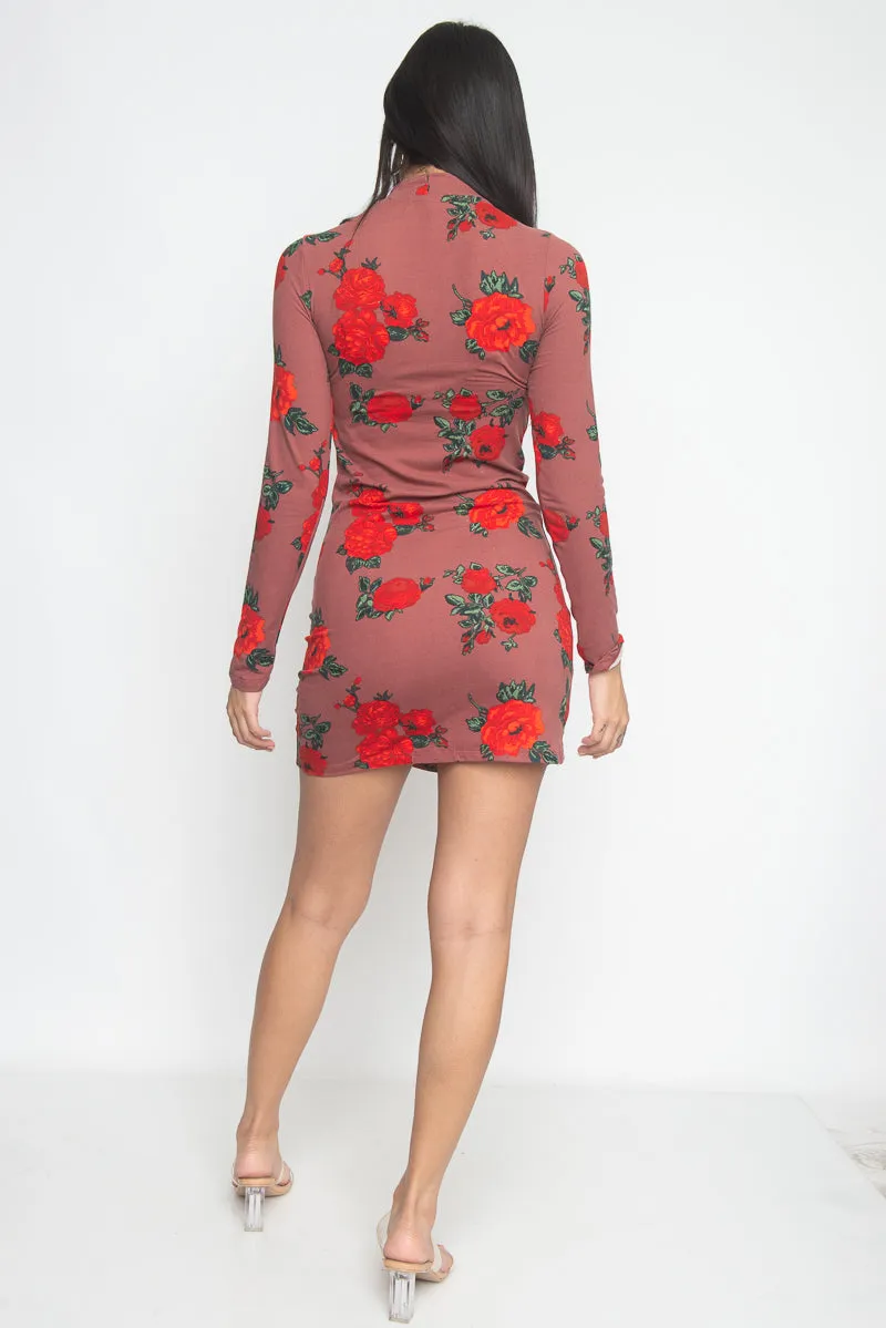 Floral Print Mock Neck Mini Dress (JD33873LP)