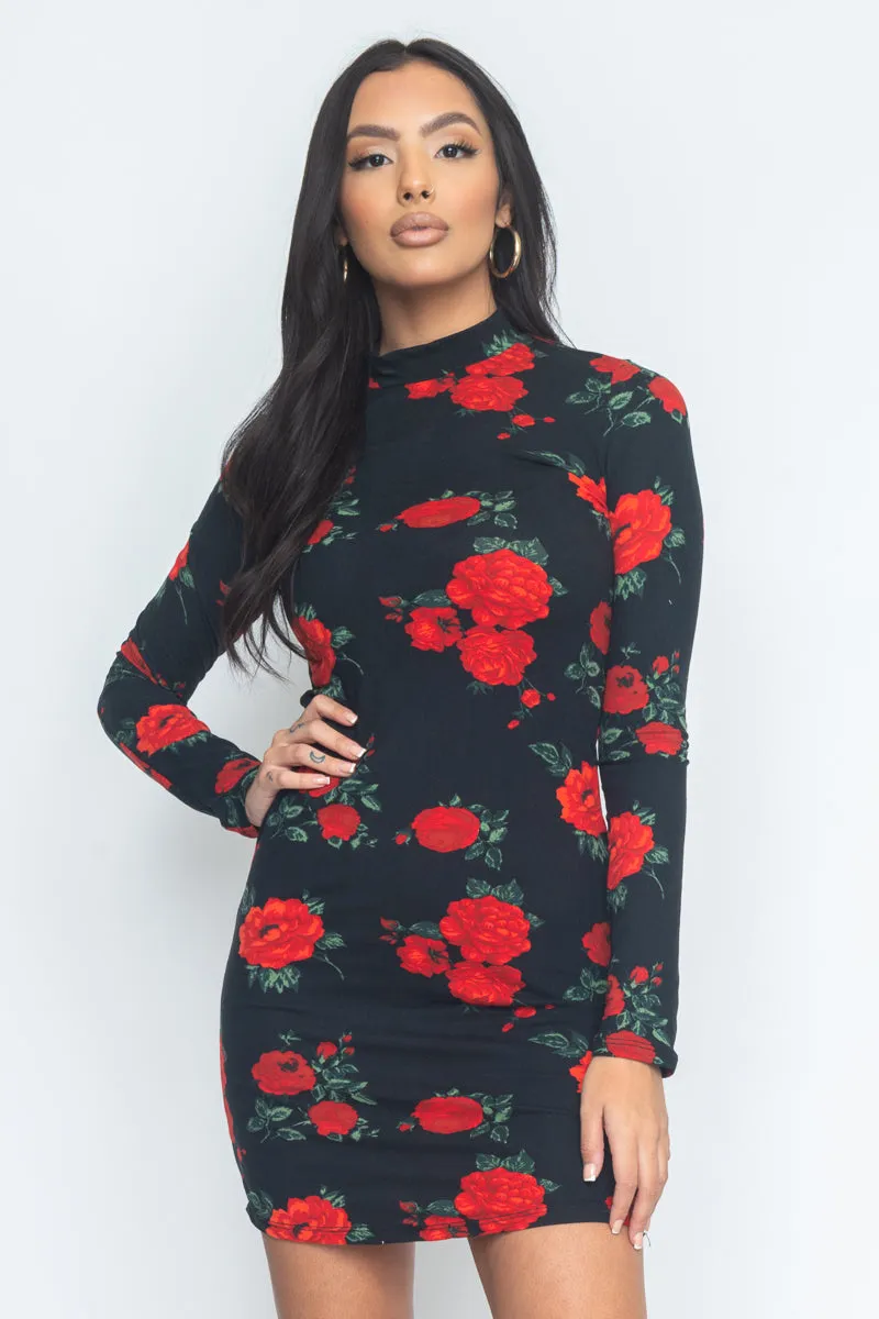 Floral Print Mock Neck Mini Dress (JD33873LP)