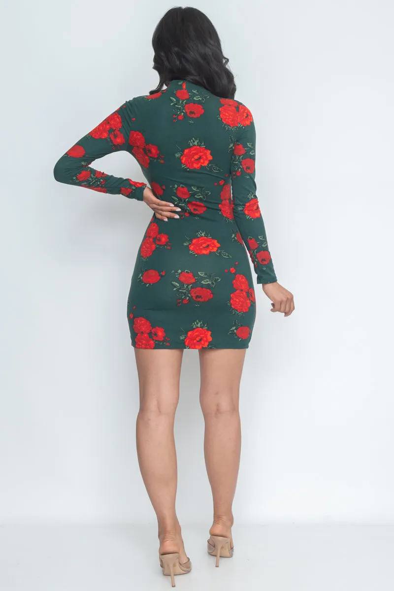 Floral Print Mock Neck Mini Dress (JD33873LP)