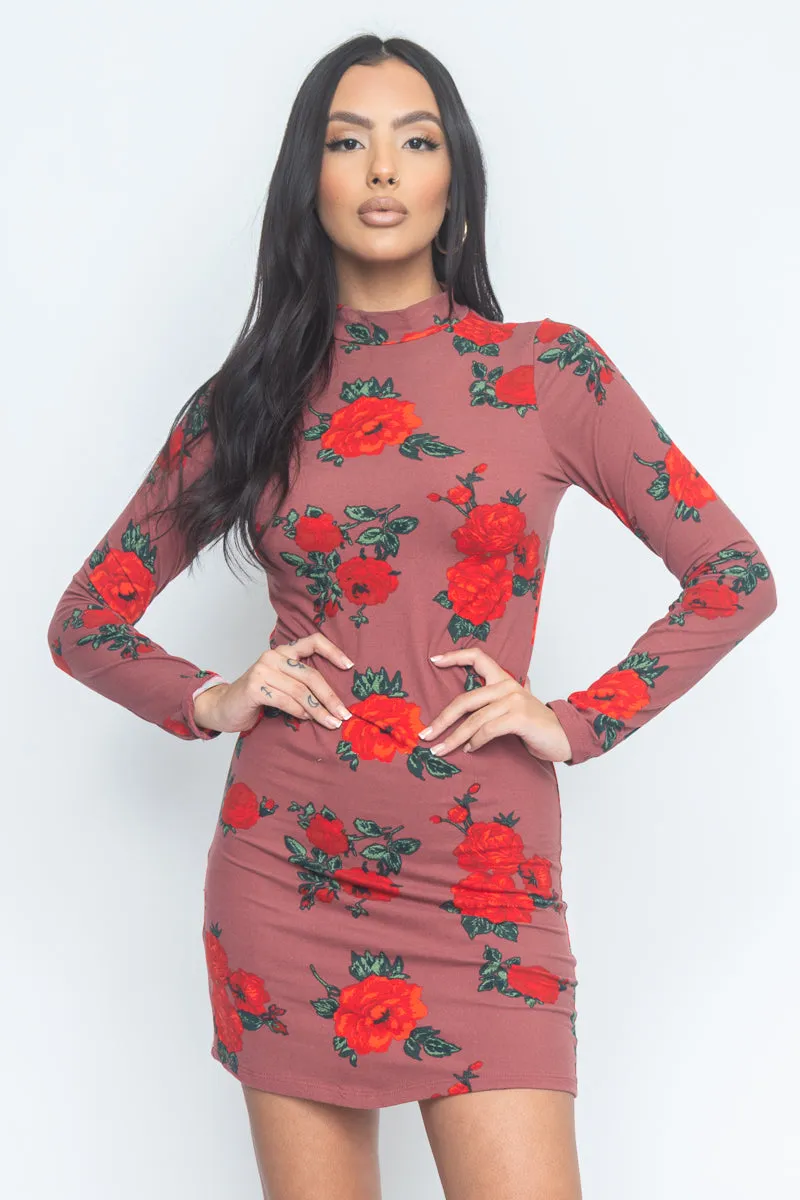 Floral Print Mock Neck Mini Dress (JD33873LP)
