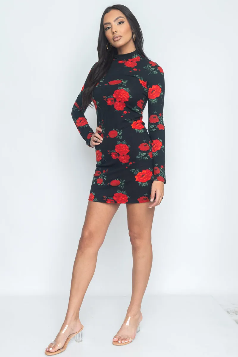 Floral Print Mock Neck Mini Dress (JD33873LP)