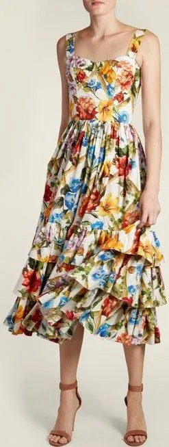 Floral-Print Tiered-Ruffle Midi Dress