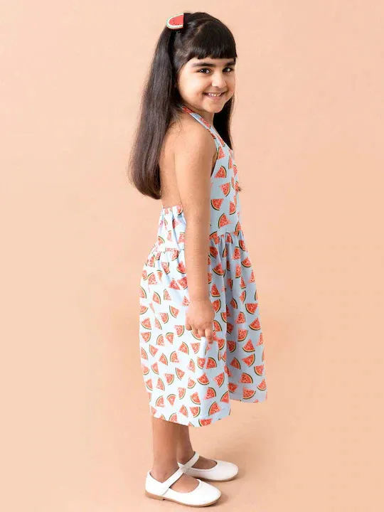 Girls Blue Red Halter Neck Midi Cotton Dress - Ps Peaches
