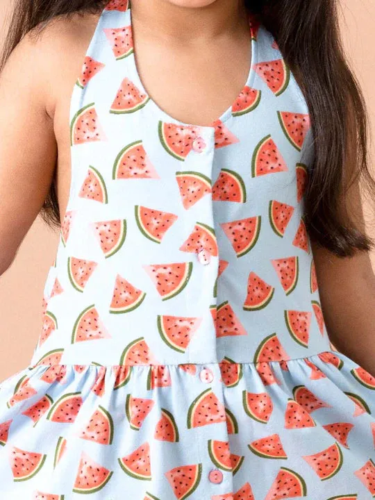 Girls Blue Red Halter Neck Midi Cotton Dress - Ps Peaches