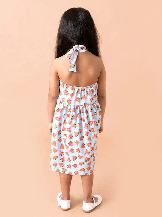 Girls Blue Red Halter Neck Midi Cotton Dress - Ps Peaches