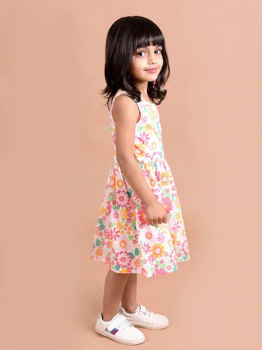 Girls White Pink Floral Midi Dress - Ps Peaches