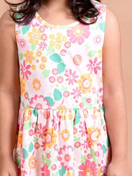 Girls White Pink Floral Midi Dress - Ps Peaches