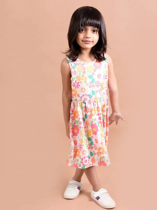 Girls White Pink Floral Midi Dress - Ps Peaches