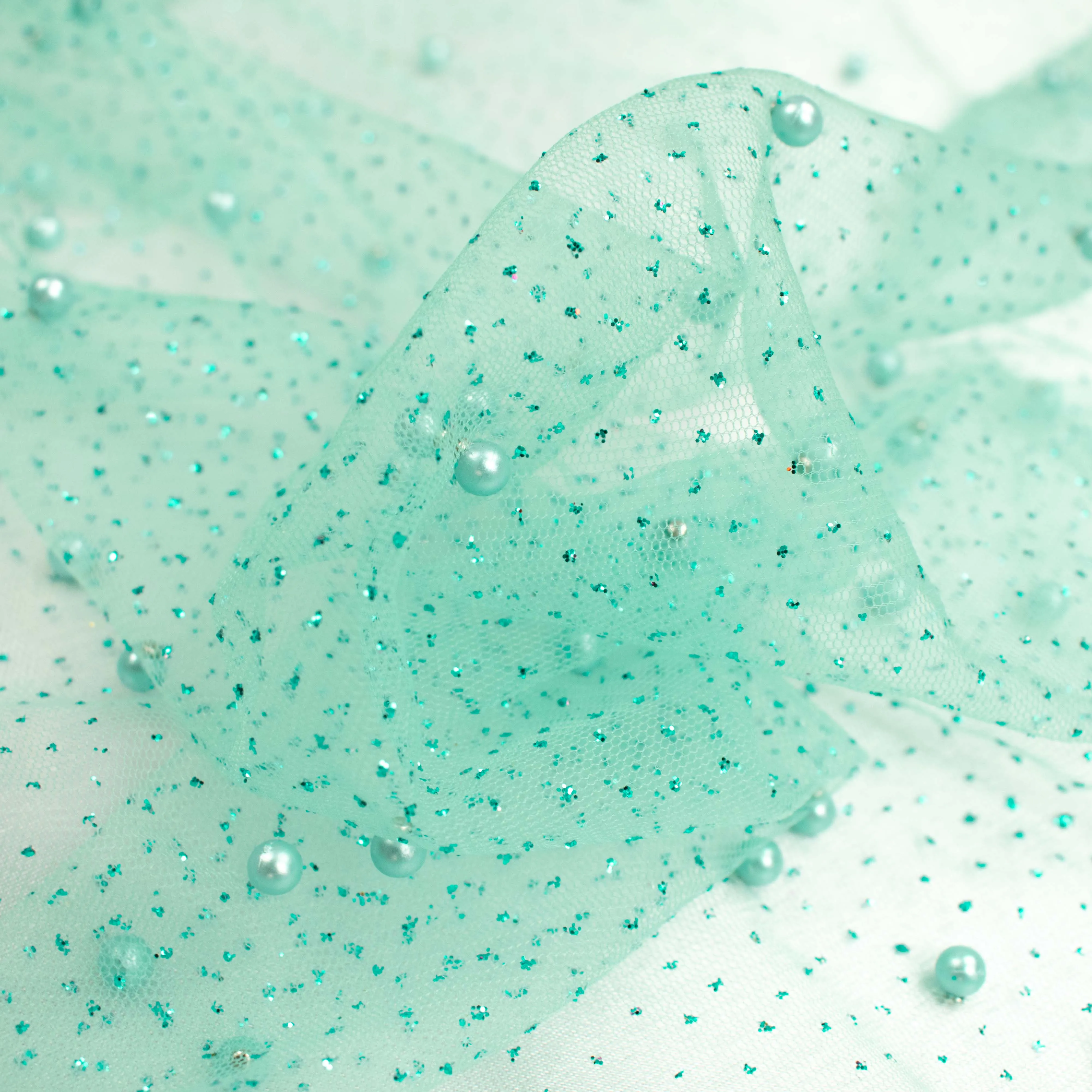 Glitter Tulle Pearl Netting Aqua