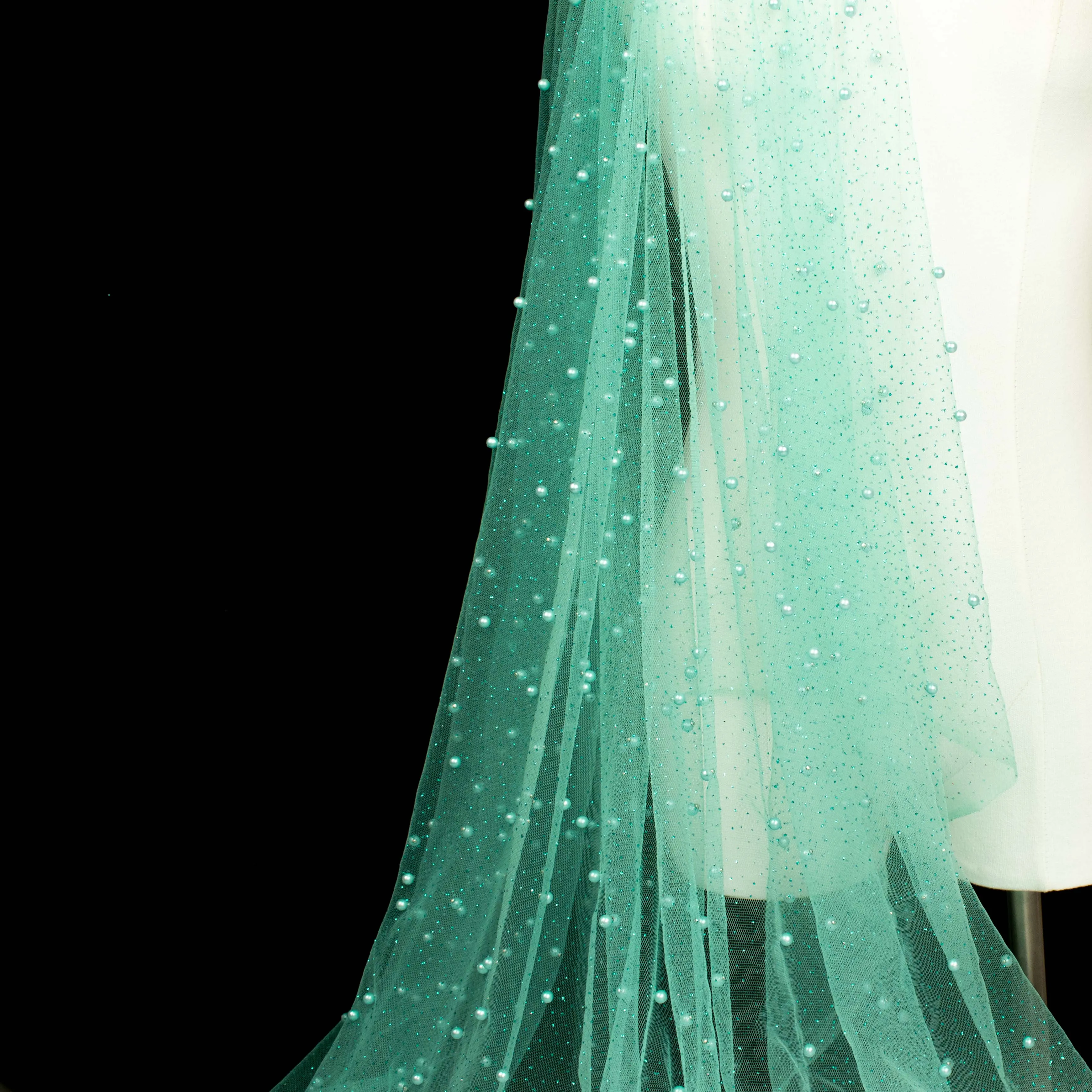 Glitter Tulle Pearl Netting Aqua
