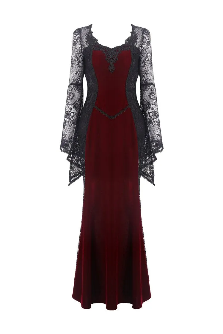 Gothic elegant red velvet lace long dress DW286