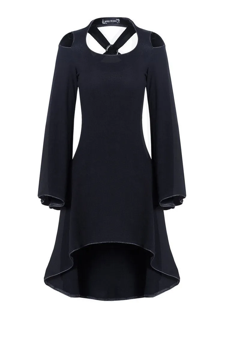 Gothic tail Black dress with off shoulder and cross back DW060