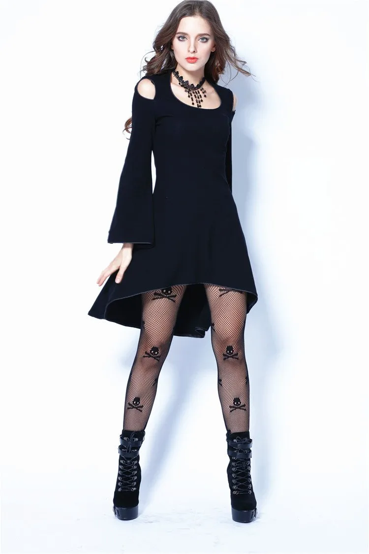 Gothic tail Black dress with off shoulder and cross back DW060