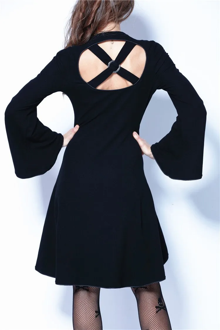 Gothic tail Black dress with off shoulder and cross back DW060