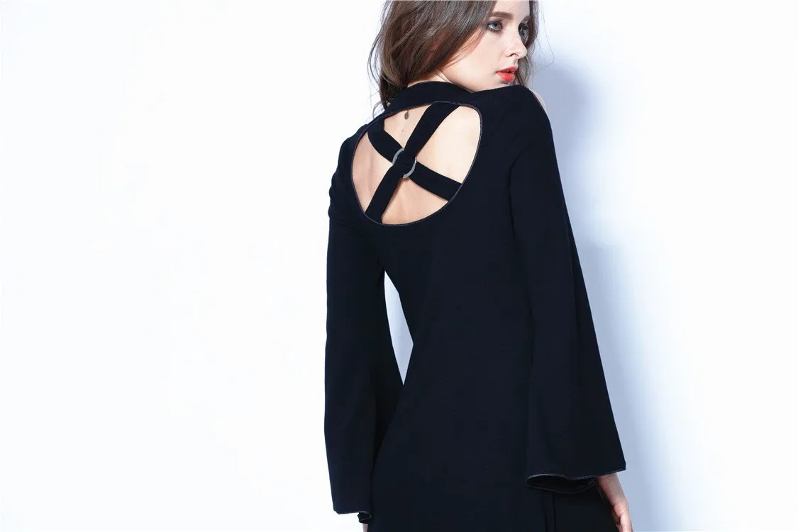 Gothic tail Black dress with off shoulder and cross back DW060