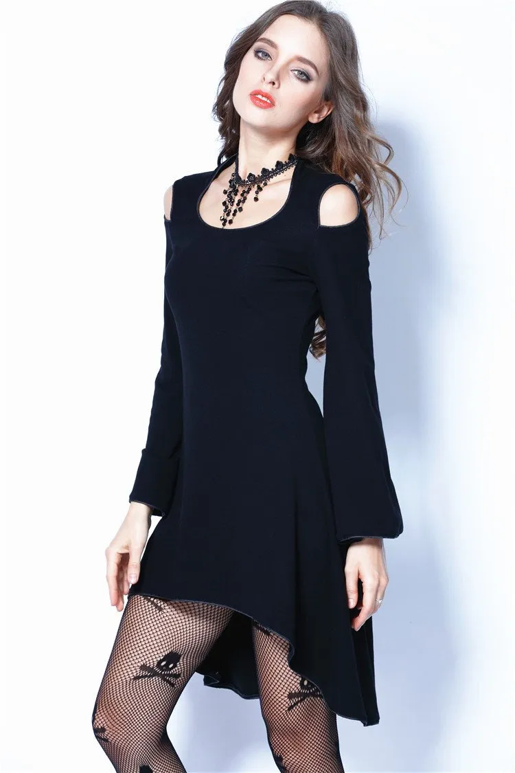 Gothic tail Black dress with off shoulder and cross back DW060