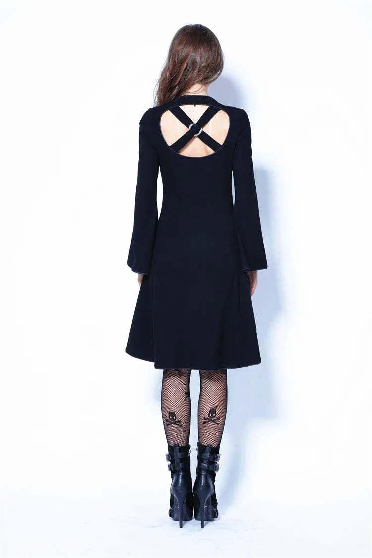 Gothic tail Black dress with off shoulder and cross back DW060