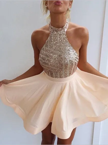 Halter Homecoming Dresses,Backless Homecoming Dress,Peach Homecoming Dress,HC00079