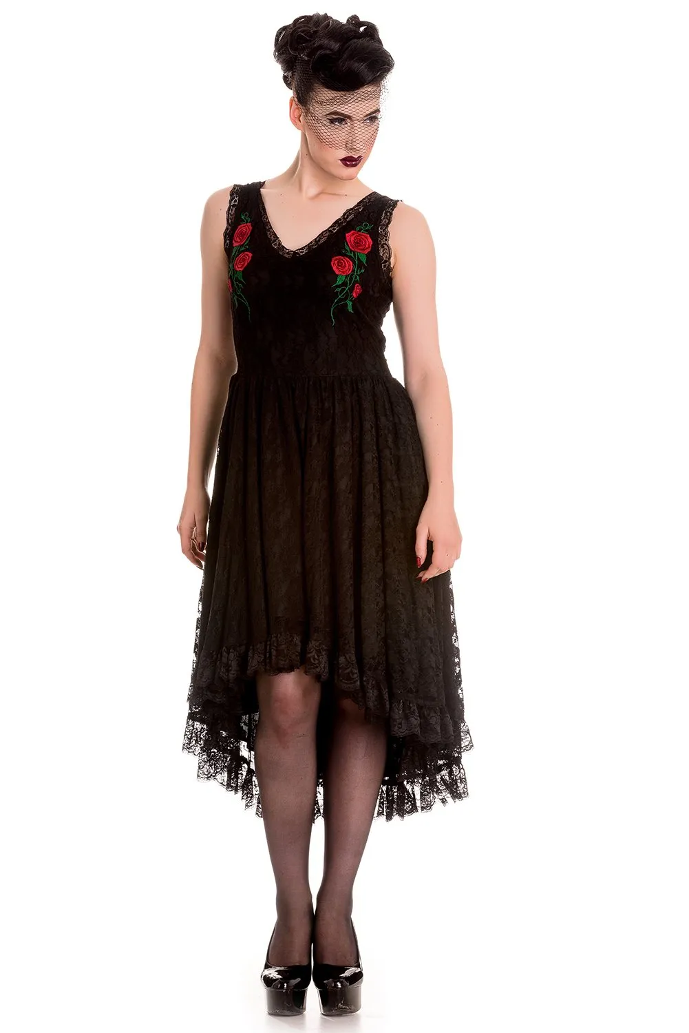 Hell Bunny Floral Lace Black Cocktail Party Dress Hi-Lo Dress