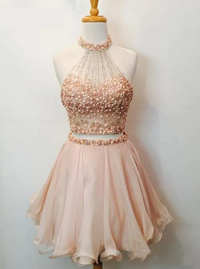 High Neck Homecoming Dresses,Beaded Homecoming Dress,Two Piece Homecoming Dress,HC00098