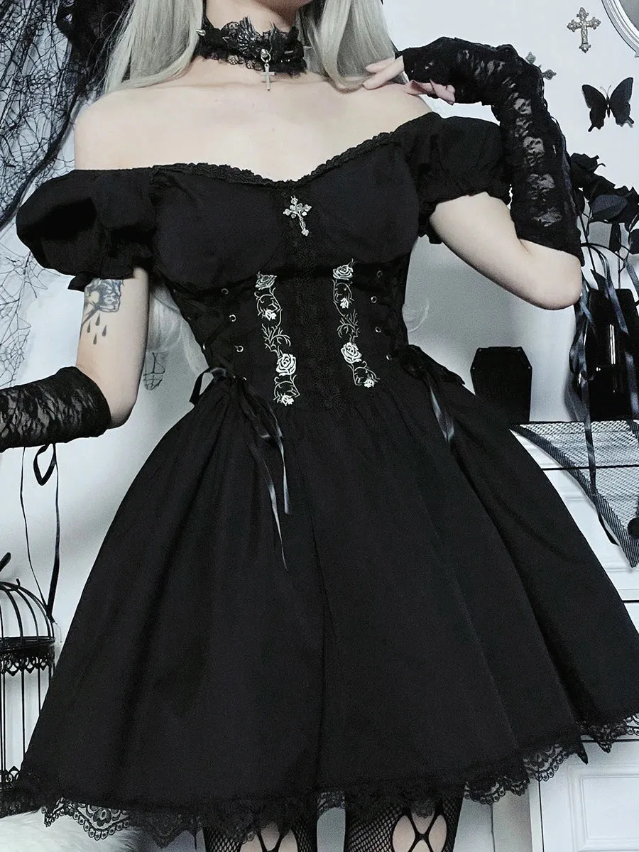 Hnzxzm Women's Gothic Style Dresses Casual Temperament Street Short Design Sense Summer Rose Slim Lace A Swing Dresses