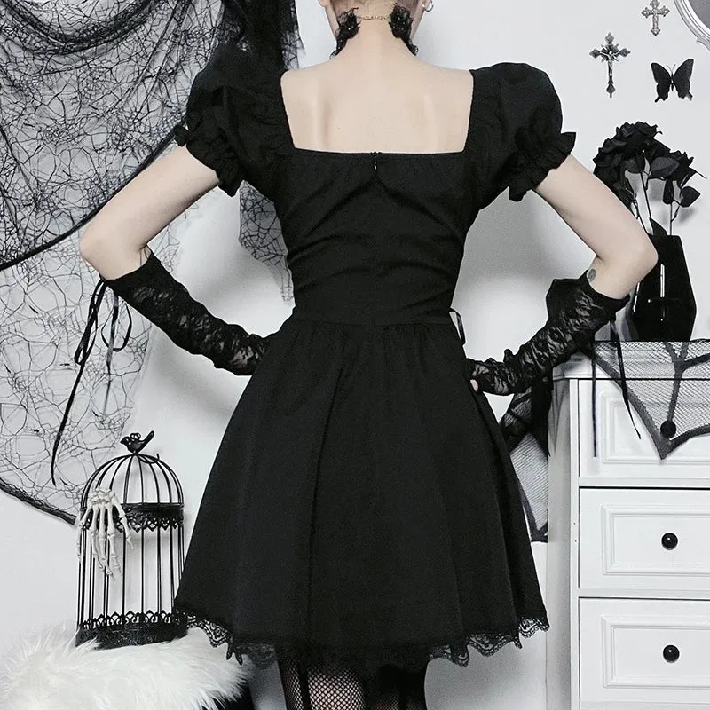 Hnzxzm Women's Gothic Style Dresses Casual Temperament Street Short Design Sense Summer Rose Slim Lace A Swing Dresses