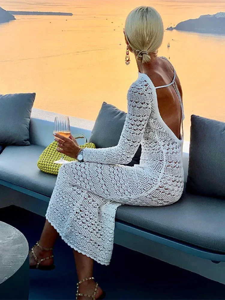 Hollow Out Backless Knitted Long Sleeve Lace Up Midi Dress