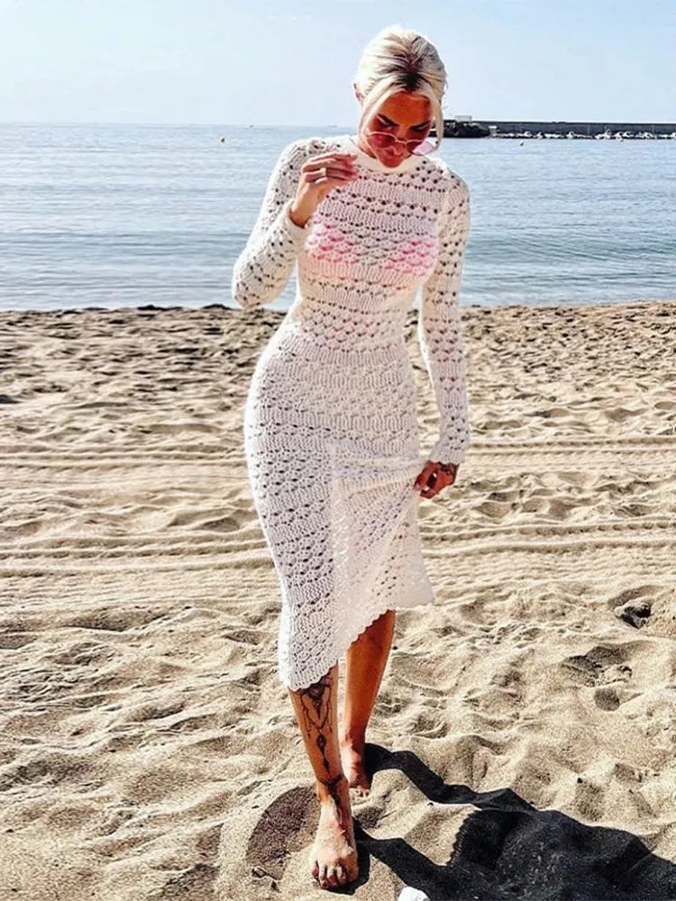 Hollow Out Backless Knitted Long Sleeve Lace Up Midi Dress
