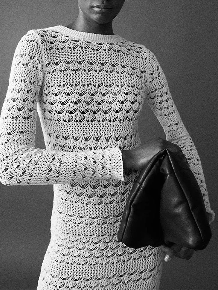 Hollow Out Backless Knitted Long Sleeve Lace Up Midi Dress