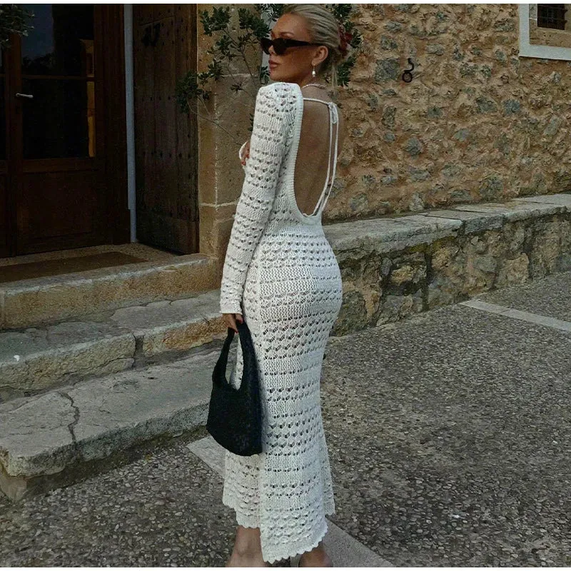 Hollow Out Backless Knitted Long Sleeve Lace Up Midi Dress