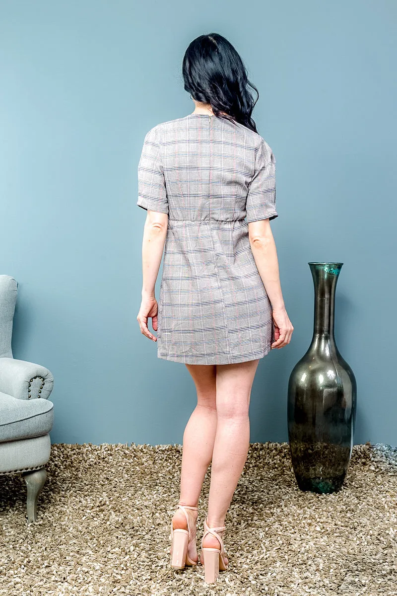Houndstooth Plaid Asymmetrical Button Down Mini Dress with Split at Thigh (FL19C160)