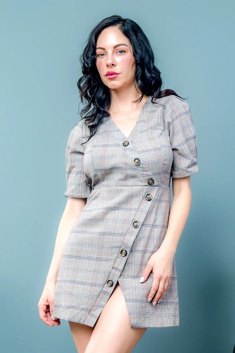 Houndstooth Plaid Asymmetrical Button Down Mini Dress with Split at Thigh (FL19C160)