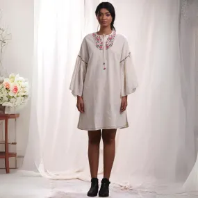 Ivory Kimono Sleeve Dress | Floral Hand Embroidery | Cotton Muslin | Comfy Fit