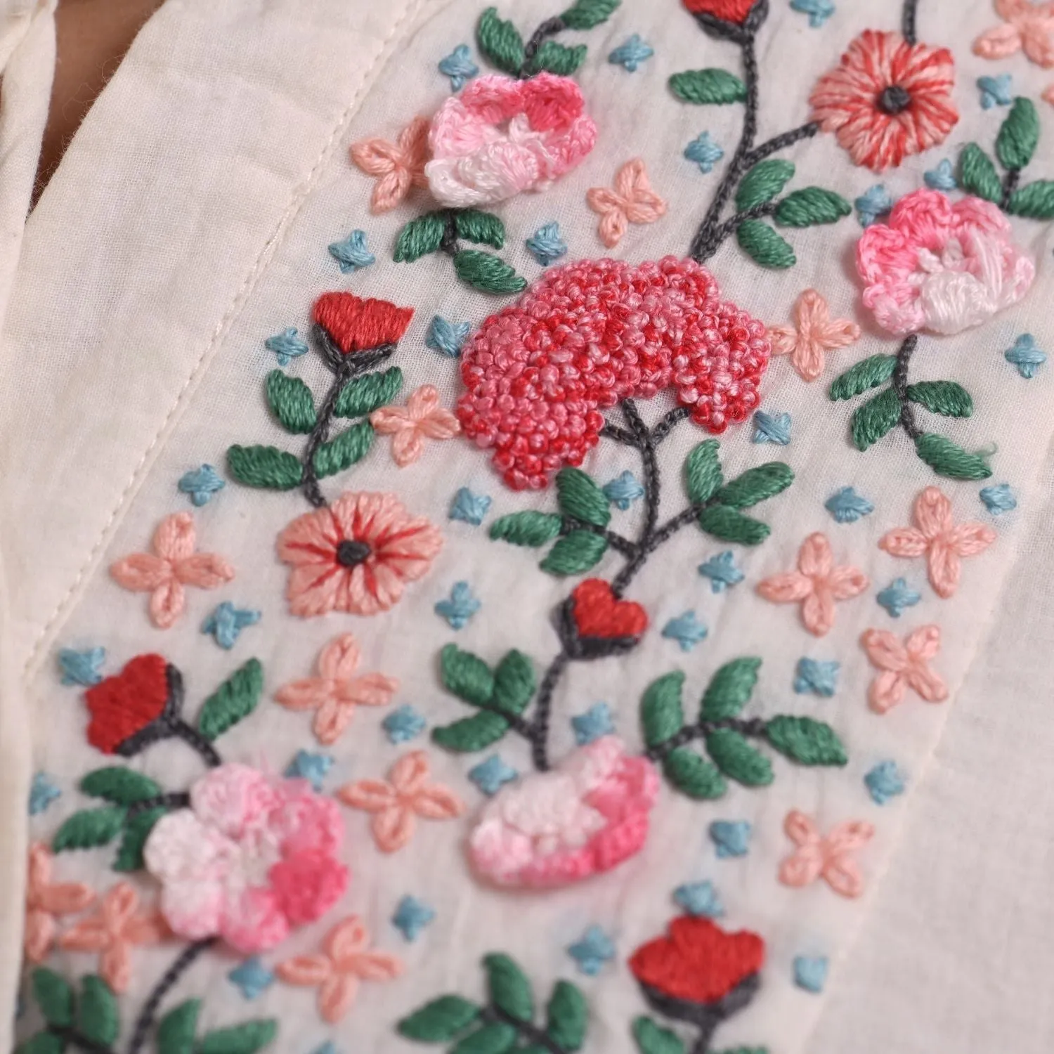Ivory Kimono Sleeve Dress | Floral Hand Embroidery | Cotton Muslin | Comfy Fit