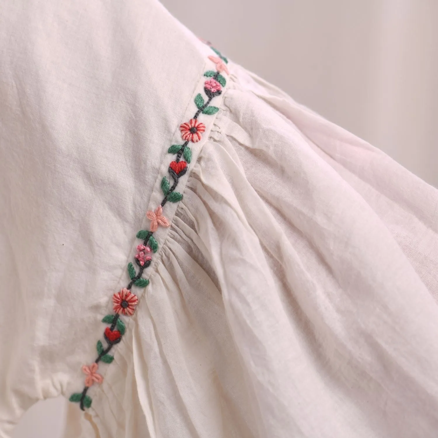 Ivory Kimono Sleeve Dress | Floral Hand Embroidery | Cotton Muslin | Comfy Fit