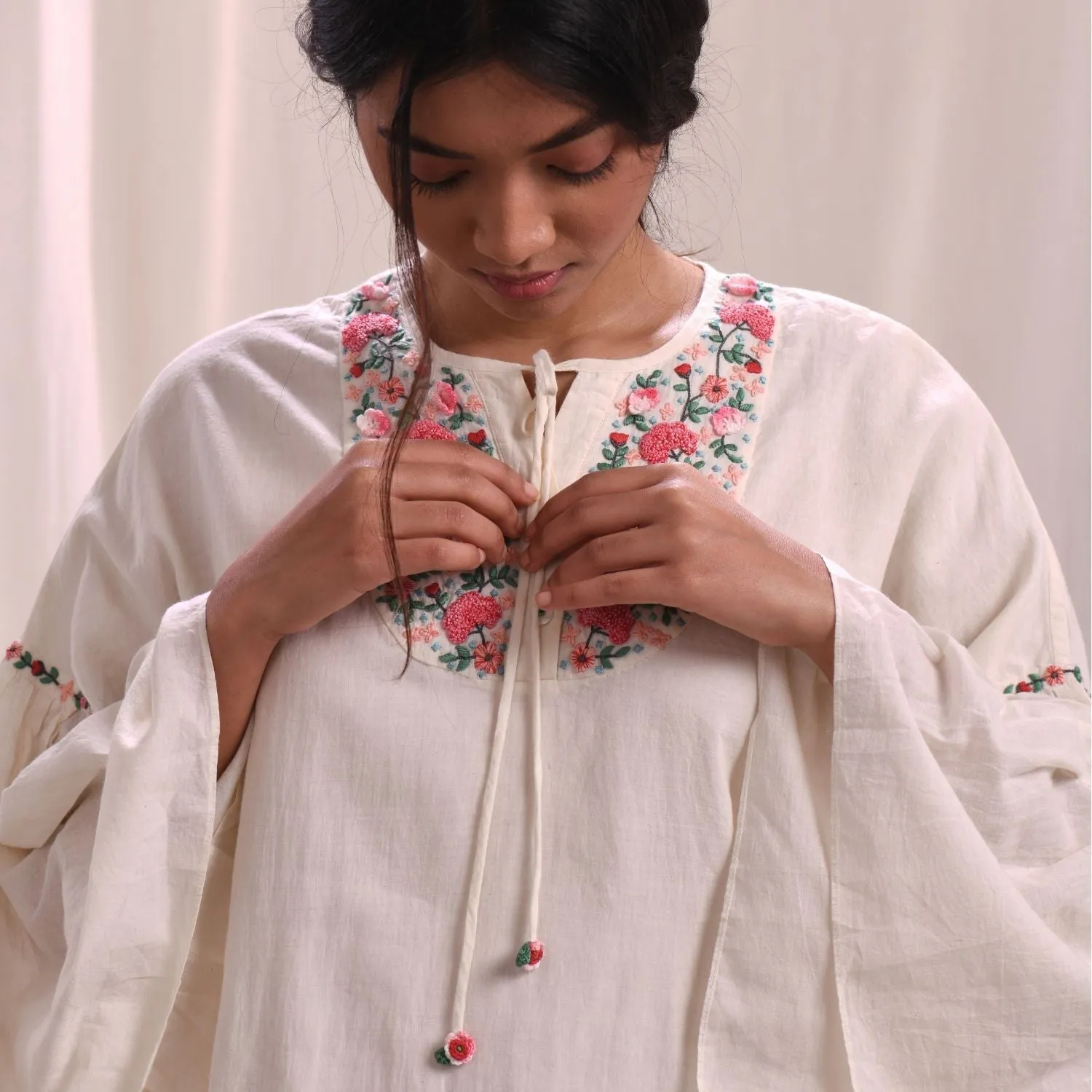 Ivory Kimono Sleeve Dress | Floral Hand Embroidery | Cotton Muslin | Comfy Fit