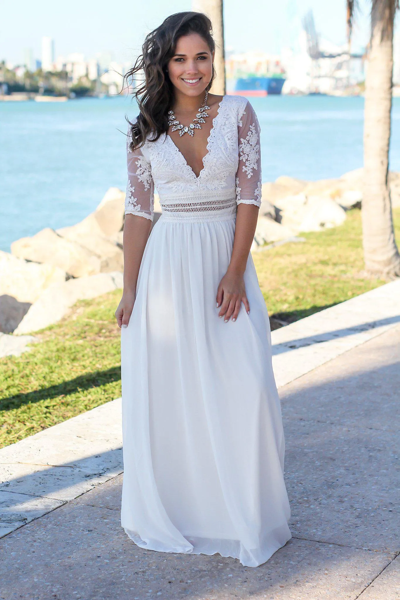 Ivory V-Neck Maxi Dress with Mesh Embroidered Sleeves