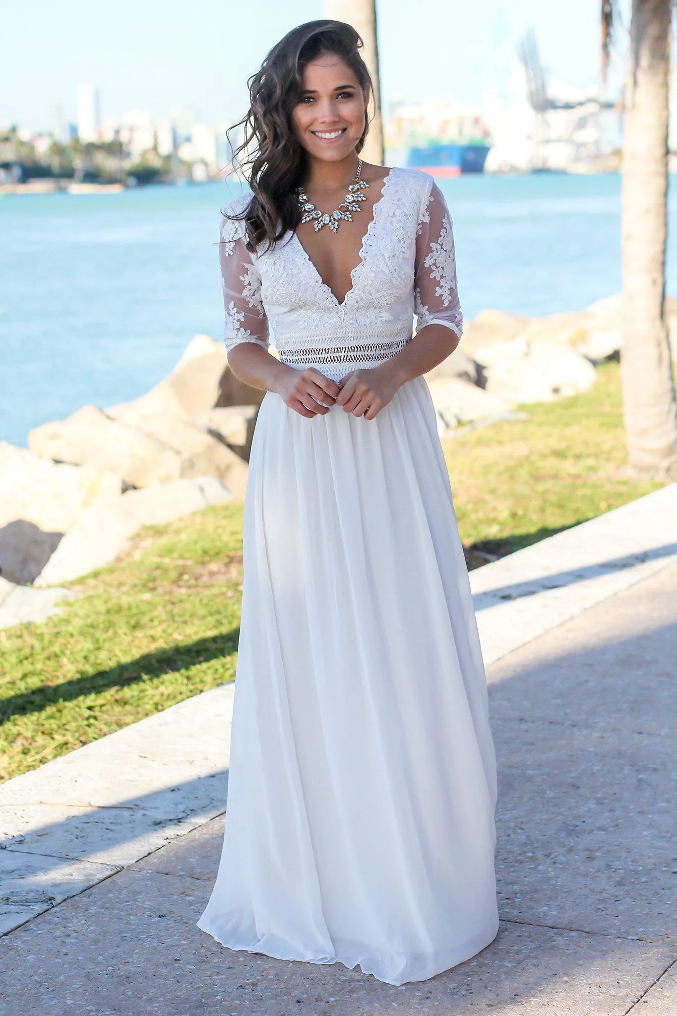 Ivory V-Neck Maxi Dress with Mesh Embroidered Sleeves