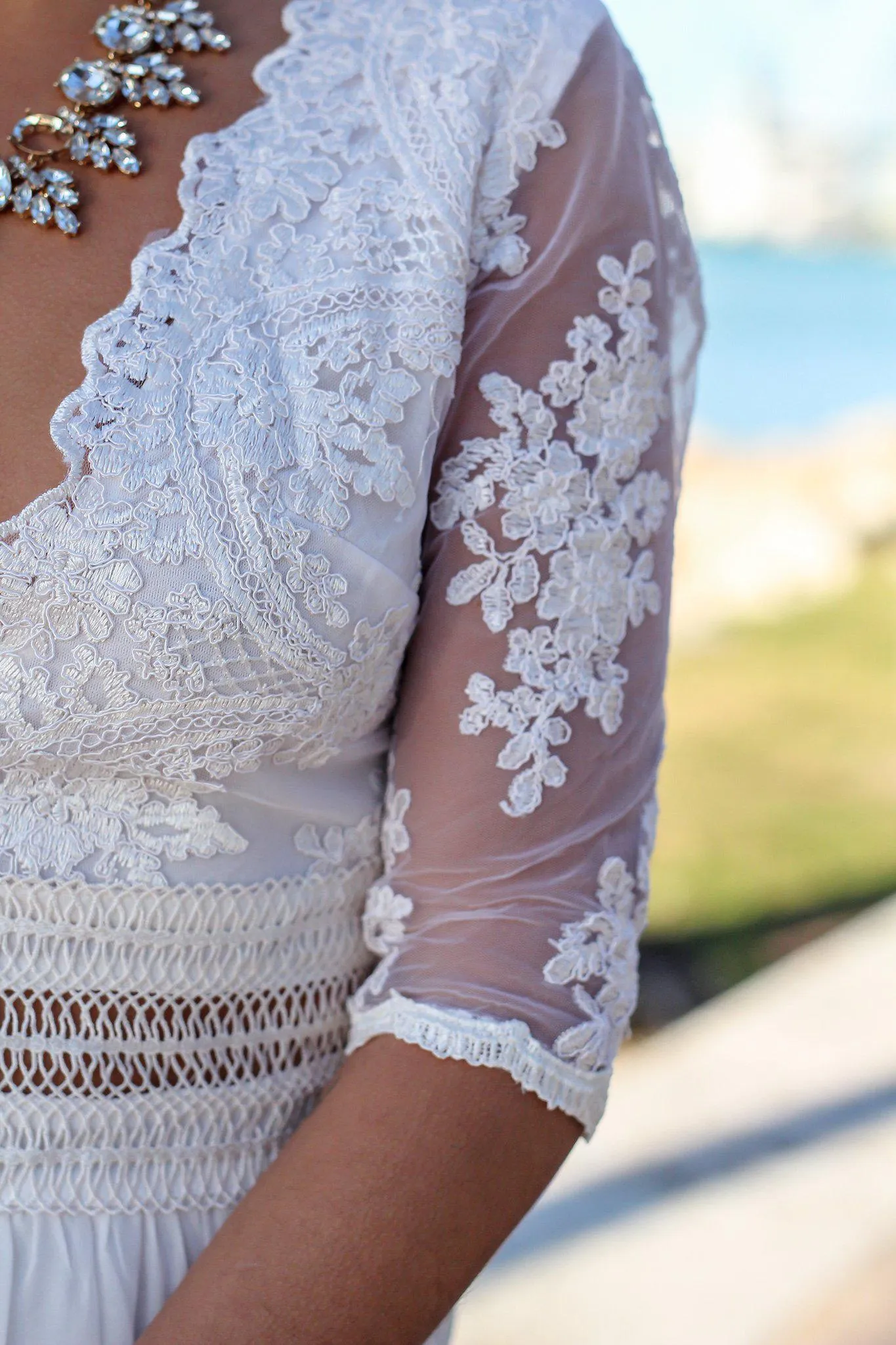 Ivory V-Neck Maxi Dress with Mesh Embroidered Sleeves