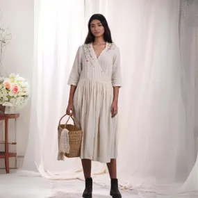 Ivory Wrap Dress for Women | Floral Hand Embroidery | Cotton