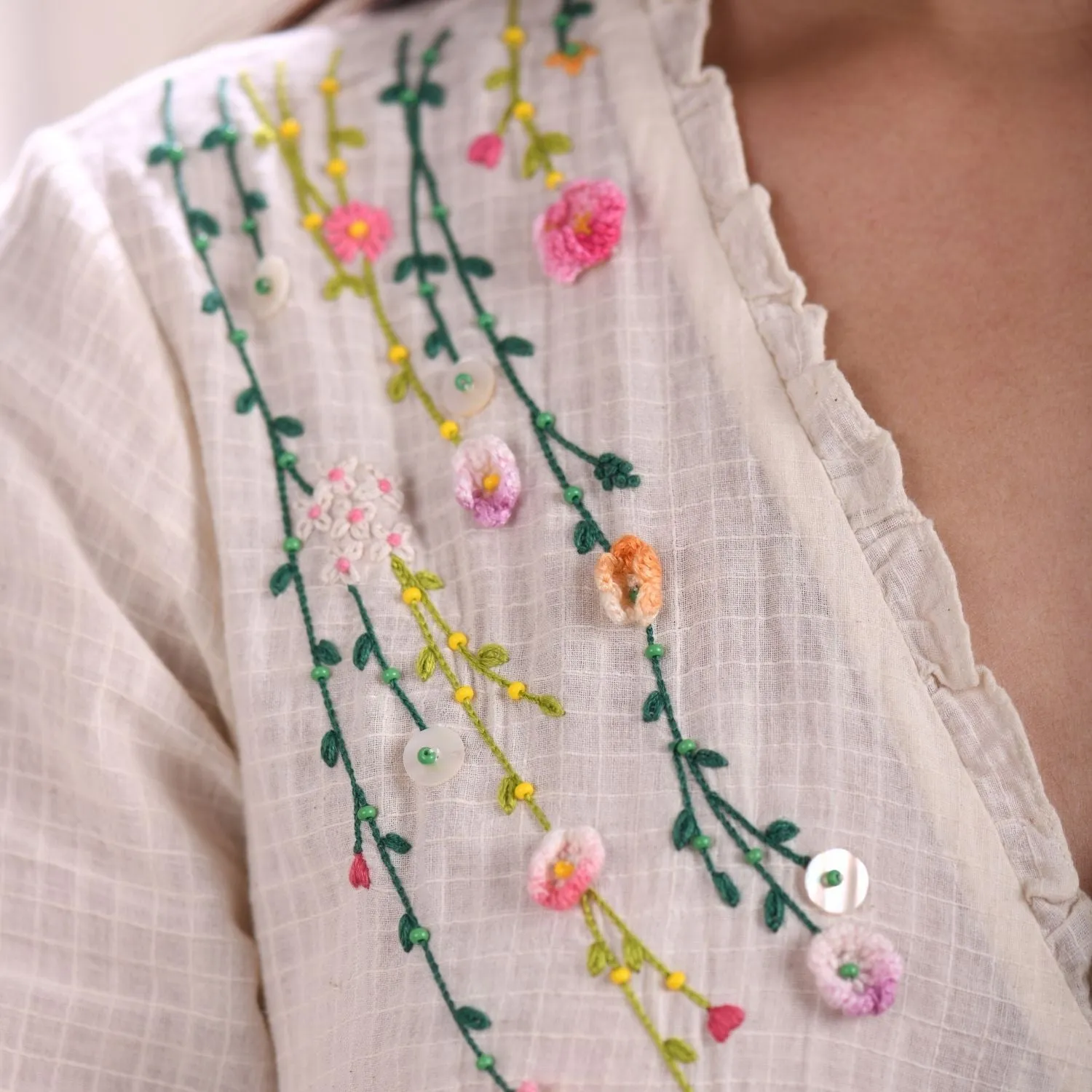 Ivory Wrap Dress for Women | Floral Hand Embroidery | Cotton