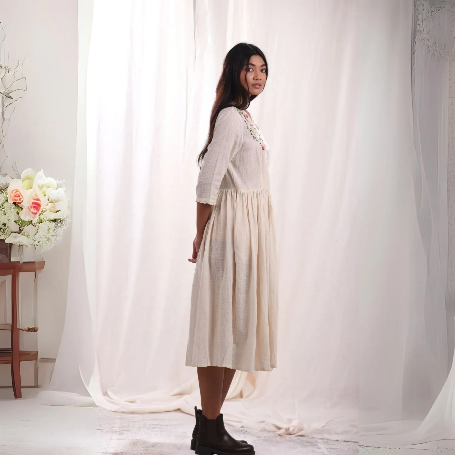 Ivory Wrap Dress for Women | Floral Hand Embroidery | Cotton