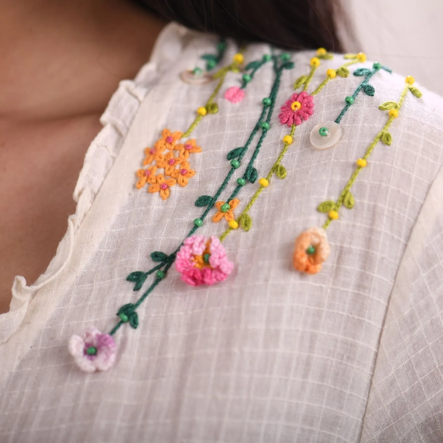 Ivory Wrap Dress for Women | Floral Hand Embroidery | Cotton