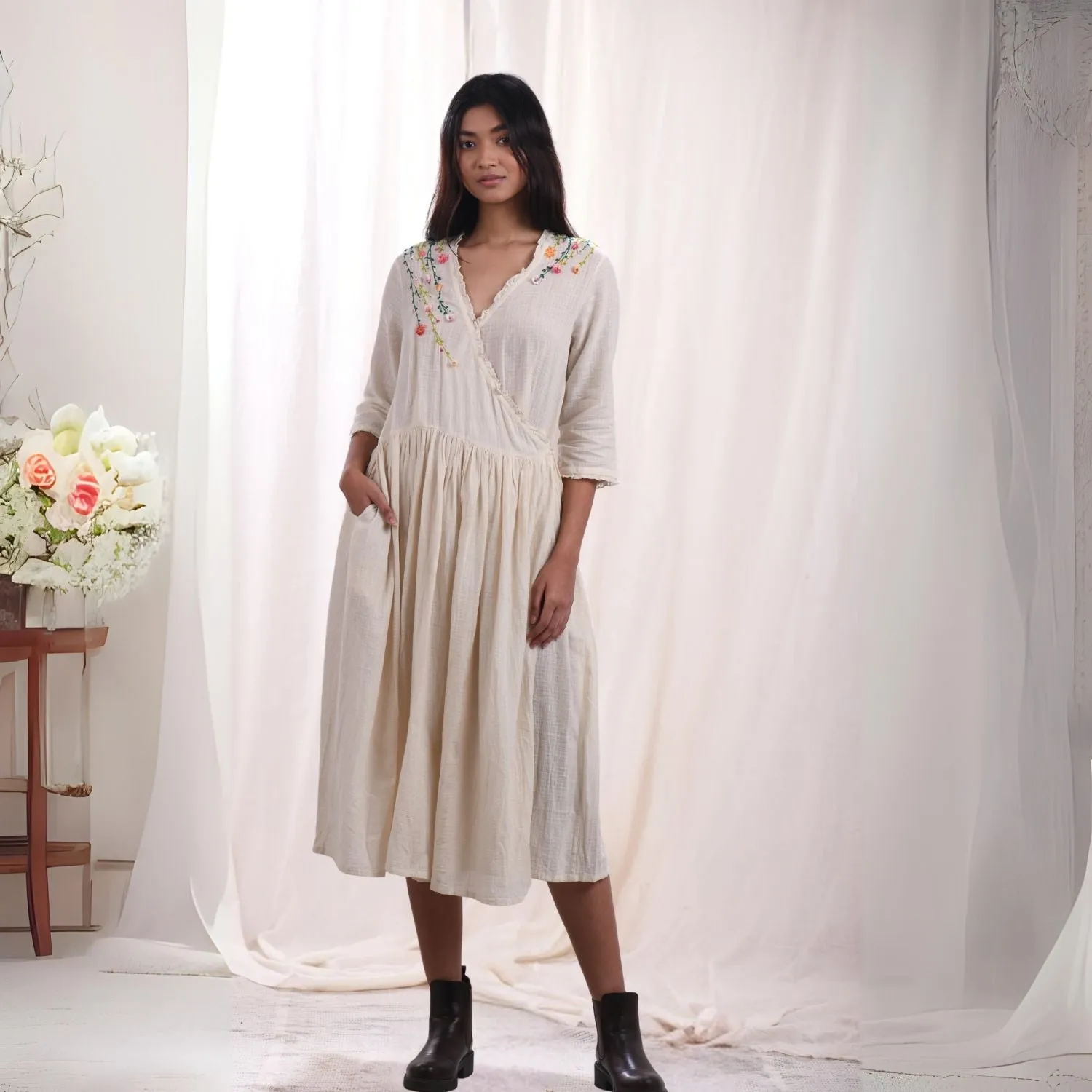 Ivory Wrap Dress for Women | Floral Hand Embroidery | Cotton