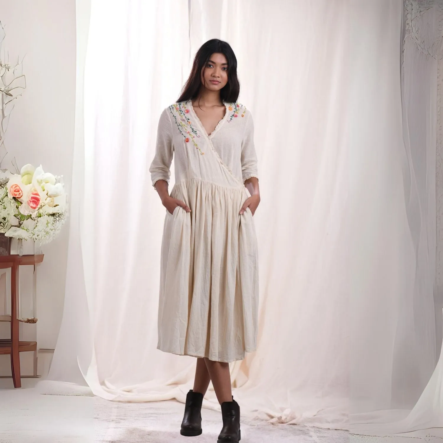 Ivory Wrap Dress for Women | Floral Hand Embroidery | Cotton