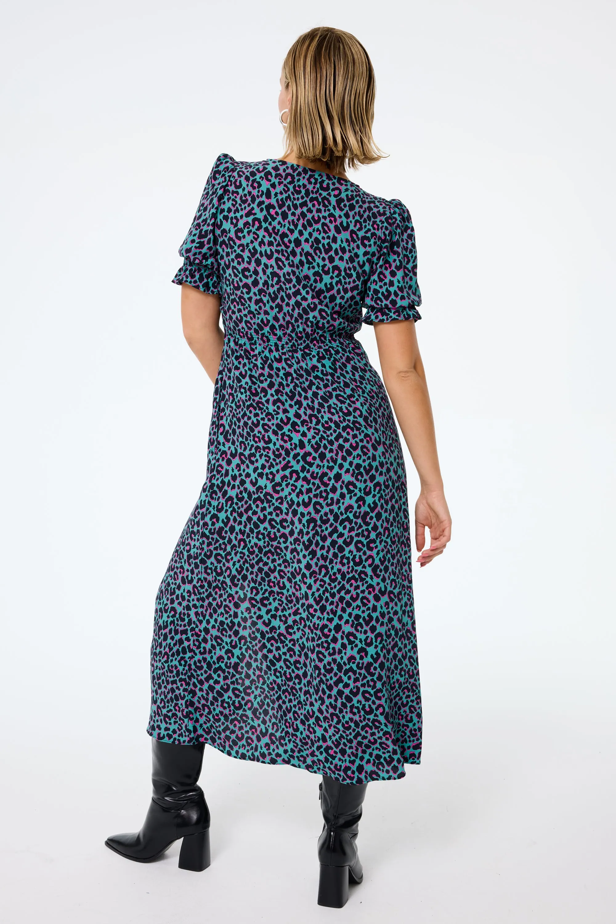 Khaki with Pink and Black Small Shadow Leopard Flute Sleeve Midi Tea Dress
