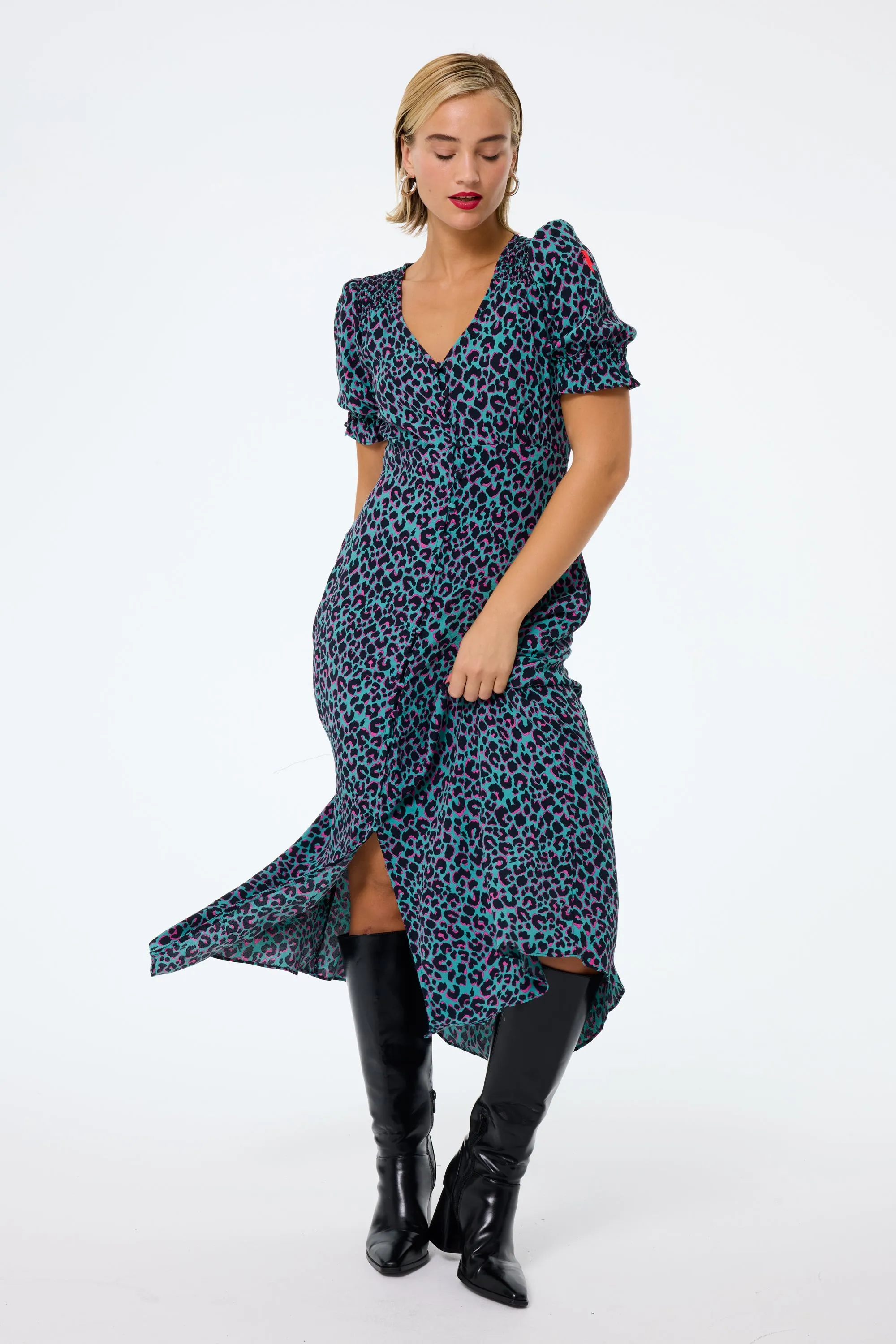 Khaki with Pink and Black Small Shadow Leopard Flute Sleeve Midi Tea Dress