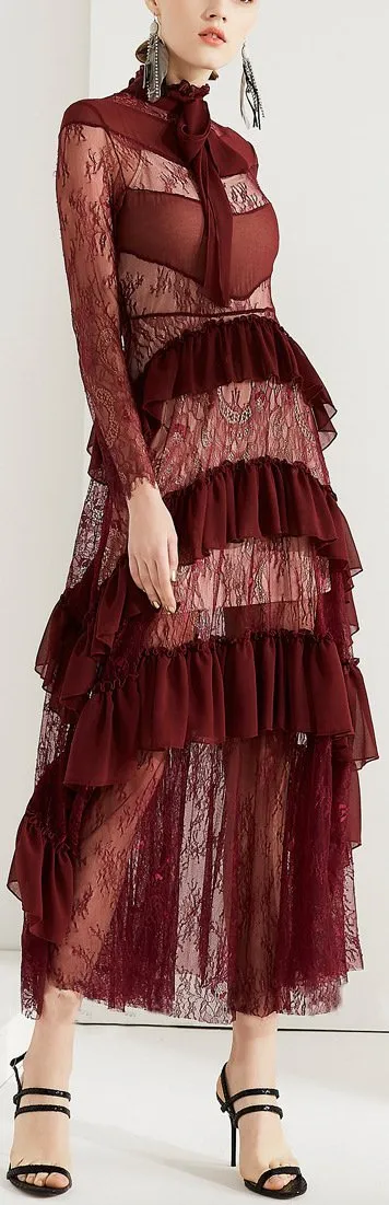 Lace Ruffle-Tiered Gown