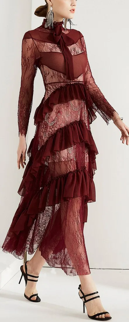 Lace Ruffle-Tiered Gown