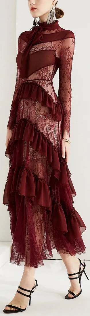 Lace Ruffle-Tiered Gown